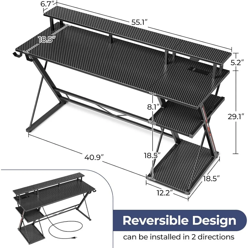 Gaming Desk with LED Lights & Power Outlets,55" Computer Desk with Monitor Stand & Storage Shelf,Gaming Table with Earphone Hook 3