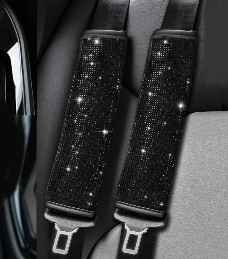 Set Di 2 Imbottiture Per Cinture Di Sicurezza Auto Con Strass – Accessori Auto Donna In Pelle PU, Eleganti E Universali (Nero Con Diamanti)