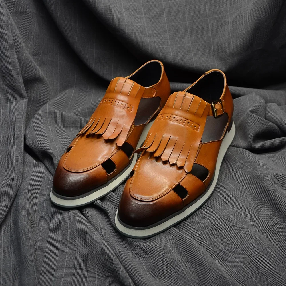 Mens Tassel Sandals Genuine Leather Buckle Strap Hollow Out Summer Casual Shoes for Men Comfortable Breathable
