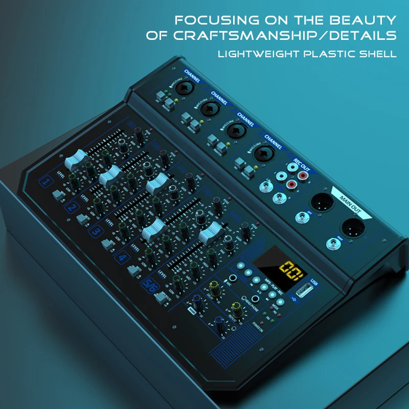 DSP reverb computer recording sound card 6-channel professional mixing console, suitable for home, outdoor, stage, and computer