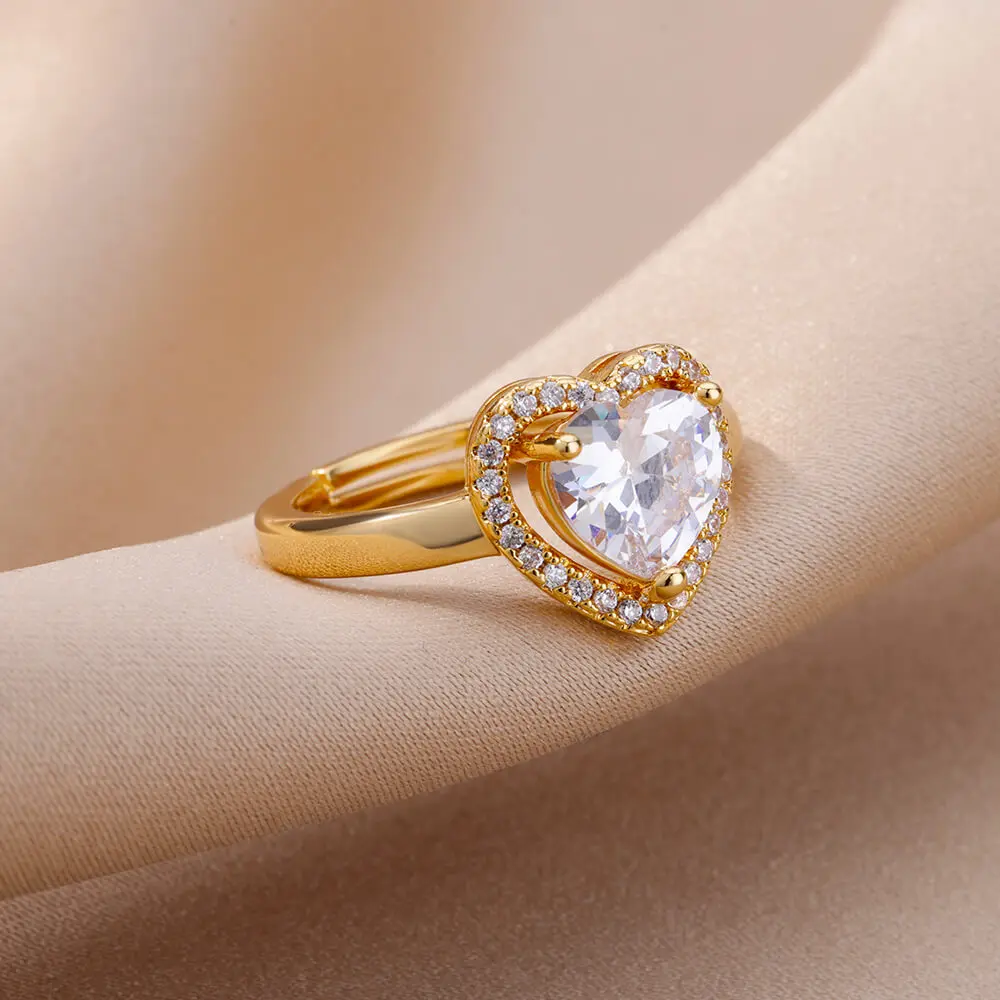 Stainless Steel Heart Rings Zircon Gold Color Adjustable Ring