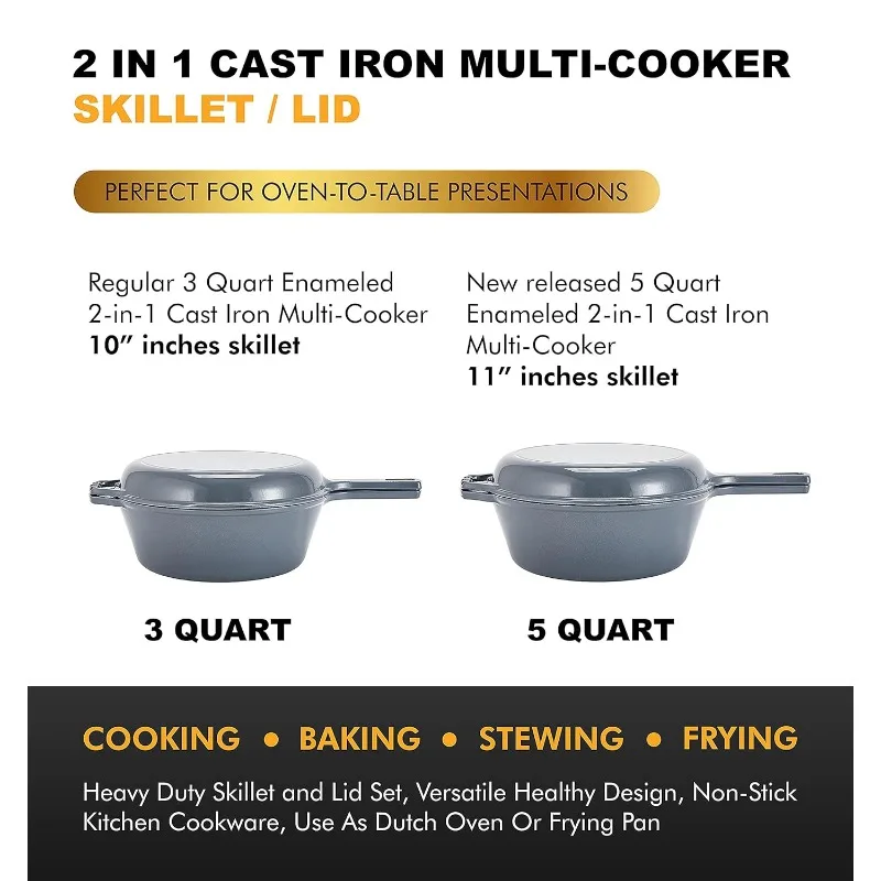 Bruntmor 2 in 1 Enameled Cast Iron Double Dutch Oven & Skillet Lid, 5-Quart, Induction, Electric, GAS & in Oven Compatible, Grey