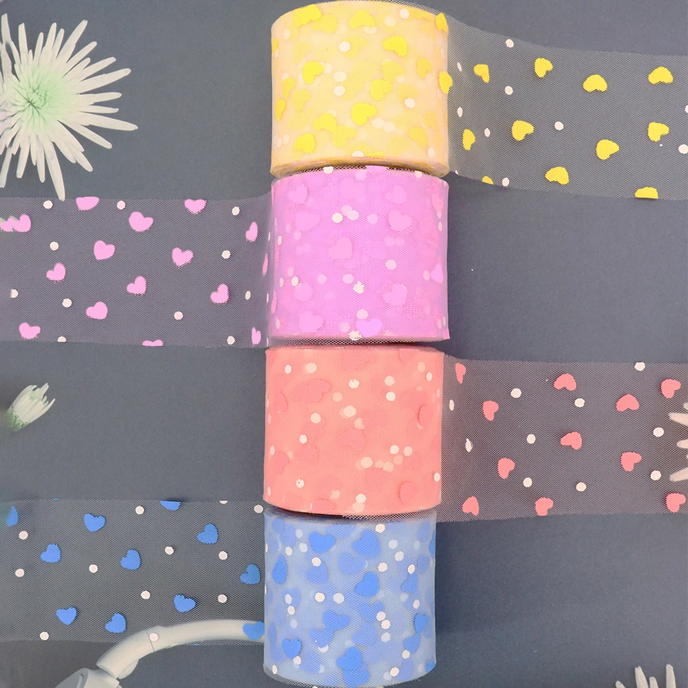 6cm 25yards Soft Tulle Ribbon Heart Painted Mesh Tape for DIY Handmade Hairbow Headwear Scraphbook Wedding Valentine Party Decor