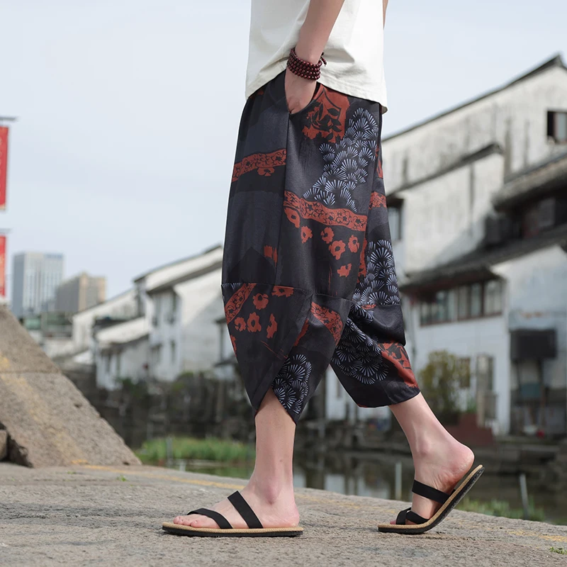 2024 New Men's Chinese Style Summer Thin Beach Pants Large Size Leisure Seven Loose Radish Pants