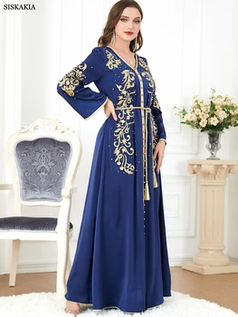 Elegant Casual Floral Embroidery Beaded Long Sleeve Muslim Dresses Party Belted Kaftan Modest Clothing Women