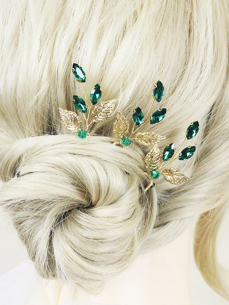 Green rhinestones 3 wedding hairpins gold leaves bridal hair clips prom party women hair accessories festival jewelry
