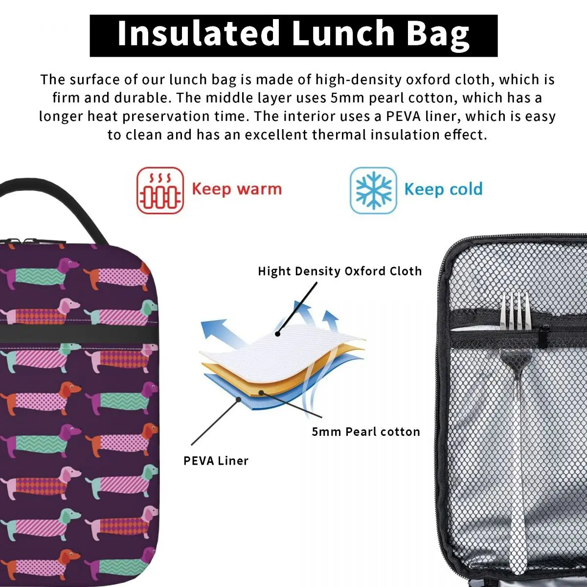 Dachshund Sausage Florals Insulated Lunch Bag for Work School Dackel Dog Lover Puppy Resuable Thermal Cooler Lunch Box Women Kid