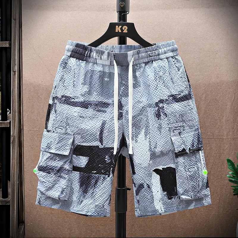 Casual 2024 Summer Men's Loose Shorts Hip Hop Streetwear Tie-Dye Drawstring Knee-Length Pants Sport Elastic Waist Jooger Trouser