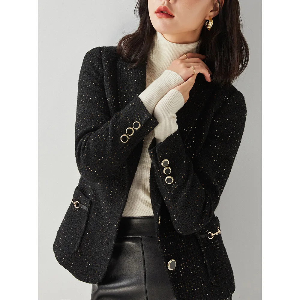 Early spring new fashion tweed coat lapel single breasted slim suit jacket