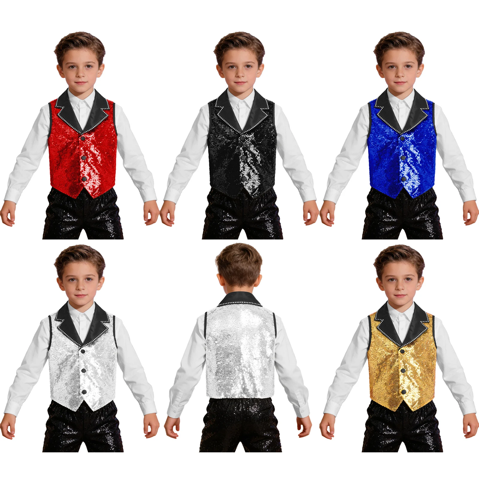 어린이 소년 반짝이 스팽글 조끼 재즈 탱고 탭 댄스 공연 의상 라펠 칼라 민소매 스팽글 신사 조끼