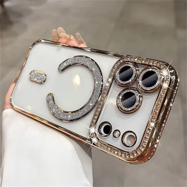 Premium Glitter Rhinestones Phone Case with Magnetic Clear Lens Protector