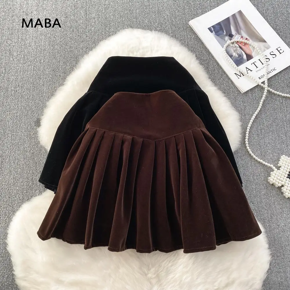 

Осень 2023, Новая женская Бархатная мини-юбка, винтажная плиссированная короткая юбка черного/кофейного цвета с высокой талией, уличная одежда для девушек