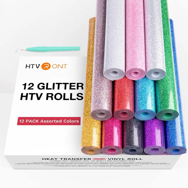 HTVRONT 12 Pack Glitter Colors 25X150cm/10inX5ft PU Heat Transfer Vinyl Roll for DIY Iron on T-shirt Printing HTV Film