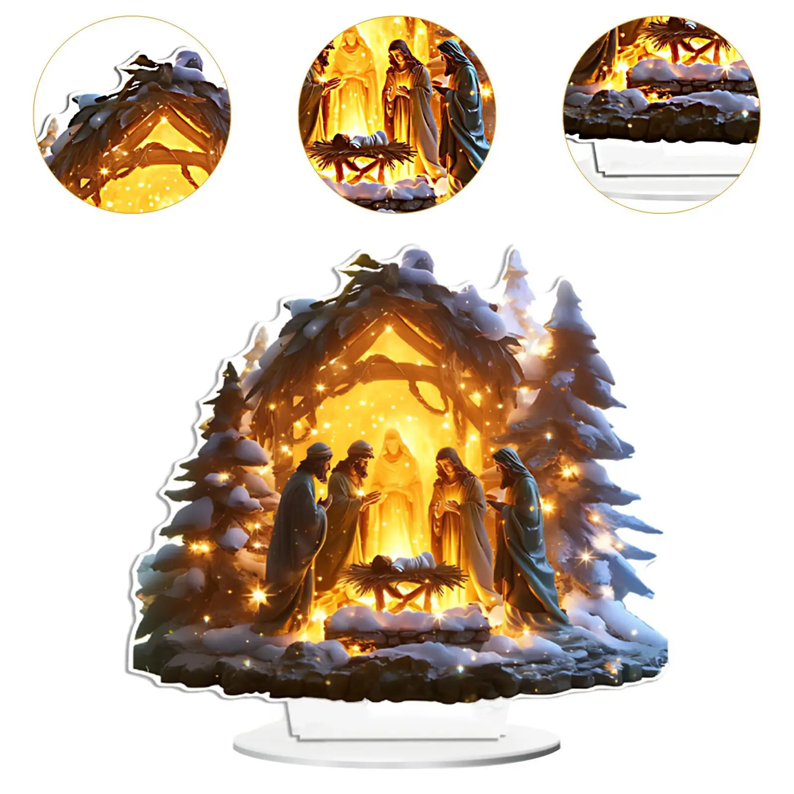 Christmas Nativity Scene Figurine Acrylic Statue Collectible Snow House Decorative Holy Family Table Ornament for Holiday