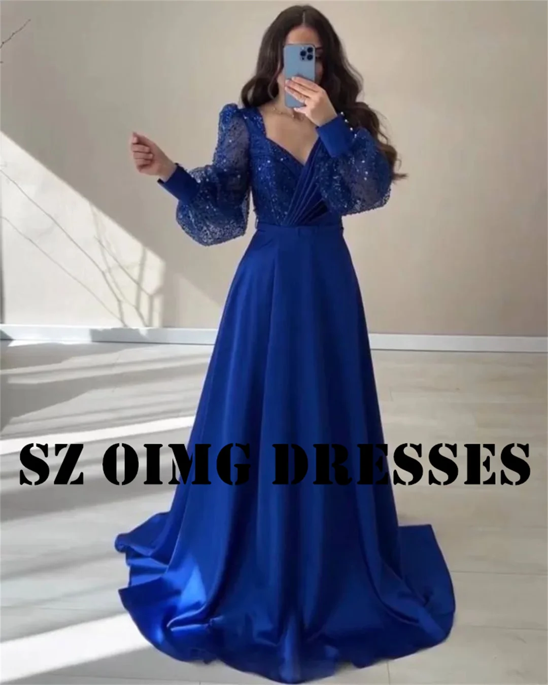 

OIMG New Design Prom Dresses Puff Sleeves Saudi Arabic Women A-Line Satin Sequined Blue Evening Gowns Formal Party Dress