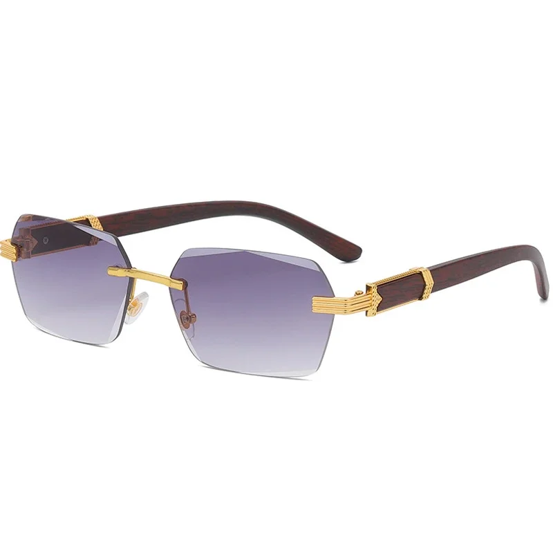 

Wood Grain Temples UV Sunglasses Polygonal Rimless Lenses Metal Decorative Sunglasses Fashion Retro Business Style Eyewear