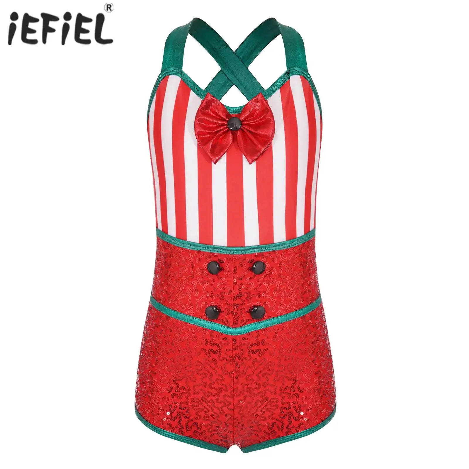 Kids Girls Elf Christmas Cosplay Costume Sleeveless Striped Sequins Bowknot Dance Bodysuit Unitard Jumpsuit Xmas New Year Party