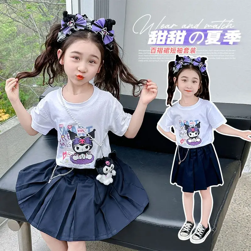 

2024 Girl Kuromi Dress Sanrio Kawaii Anime Tops Summer Sweet Cute Cartoon Pleated Skirt Short Sleeve 2Pcs Babys Clothes Kid Gift