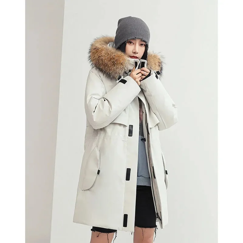 2023 Winter New Loose Down Jacket Men and Women With the Same Mid-Length Hooded Raccoon Fur Collar Couples Fashion Female Coat