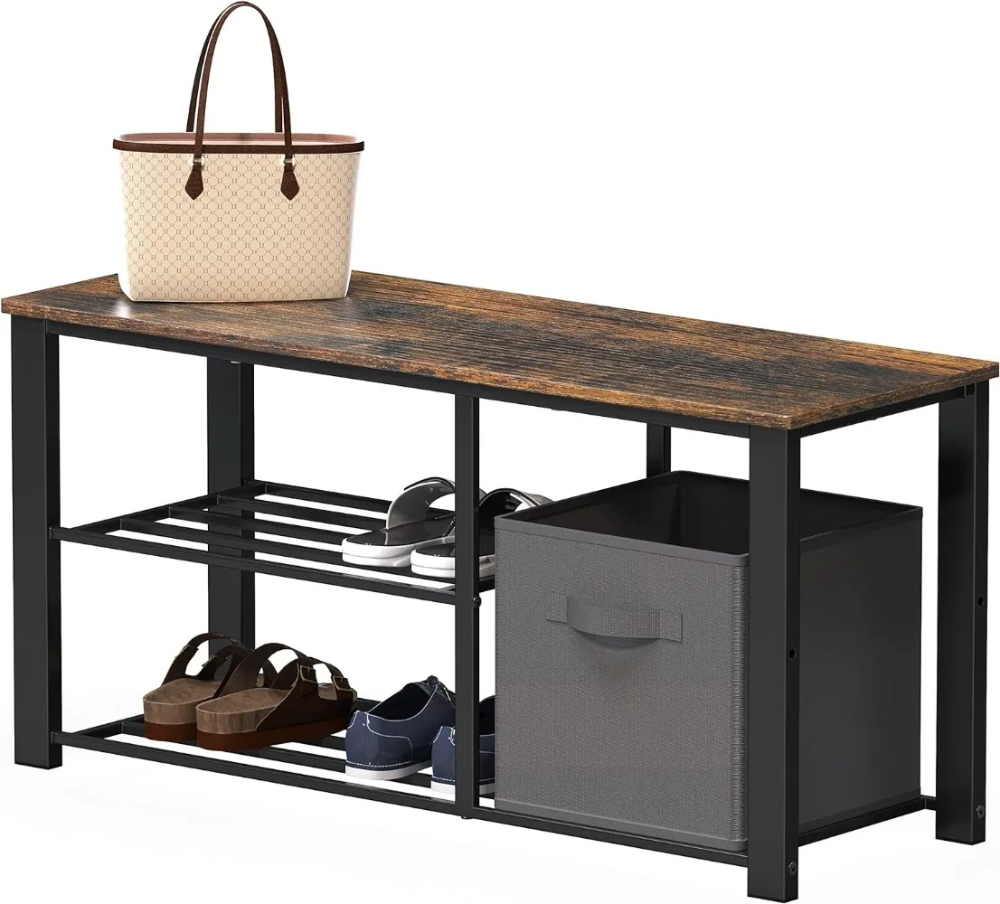 Simple Houseware 2 Tier Wood Top Shoes Bench, Rustic Brown