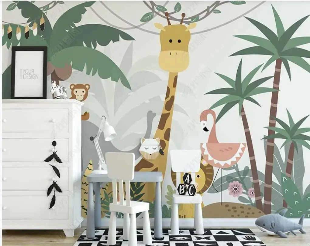 Custom Cartoon Animal Jungle Wallpaper Mural for Kindergarten Children's room Tiger Elephant Giraffe Background jungle wallpaper