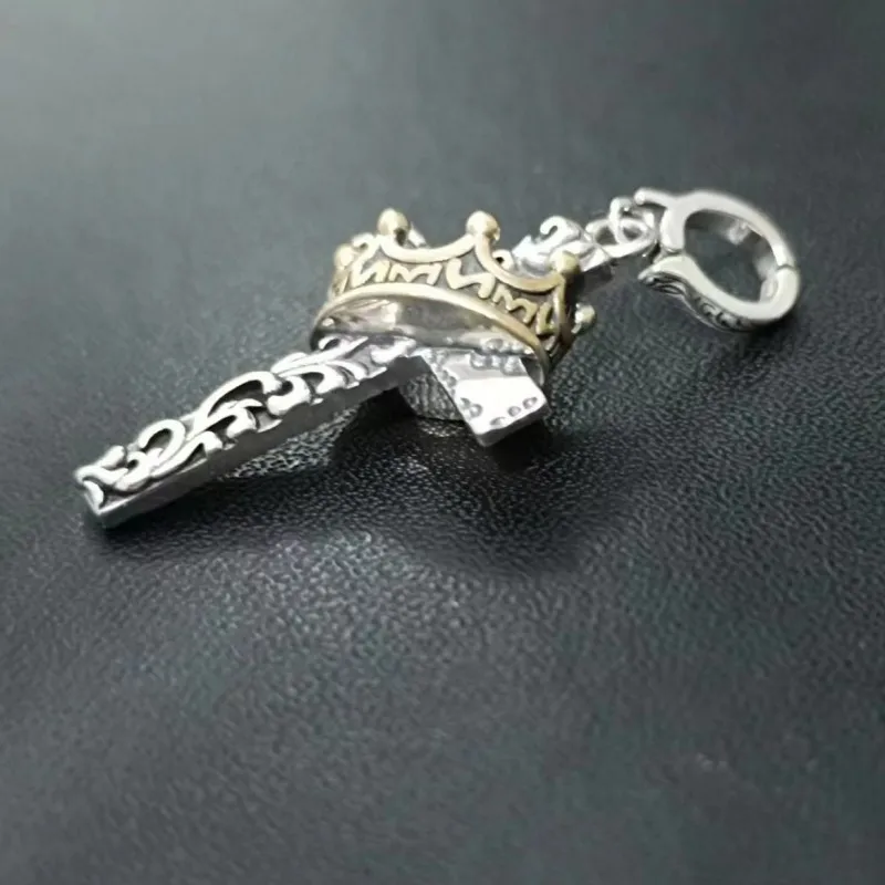 BOCAI new S925 Silver Fashion Tang Grass Pattern Design Crown Cross Pendant for Men and Women Hip Hop Contrast Color Jewelry