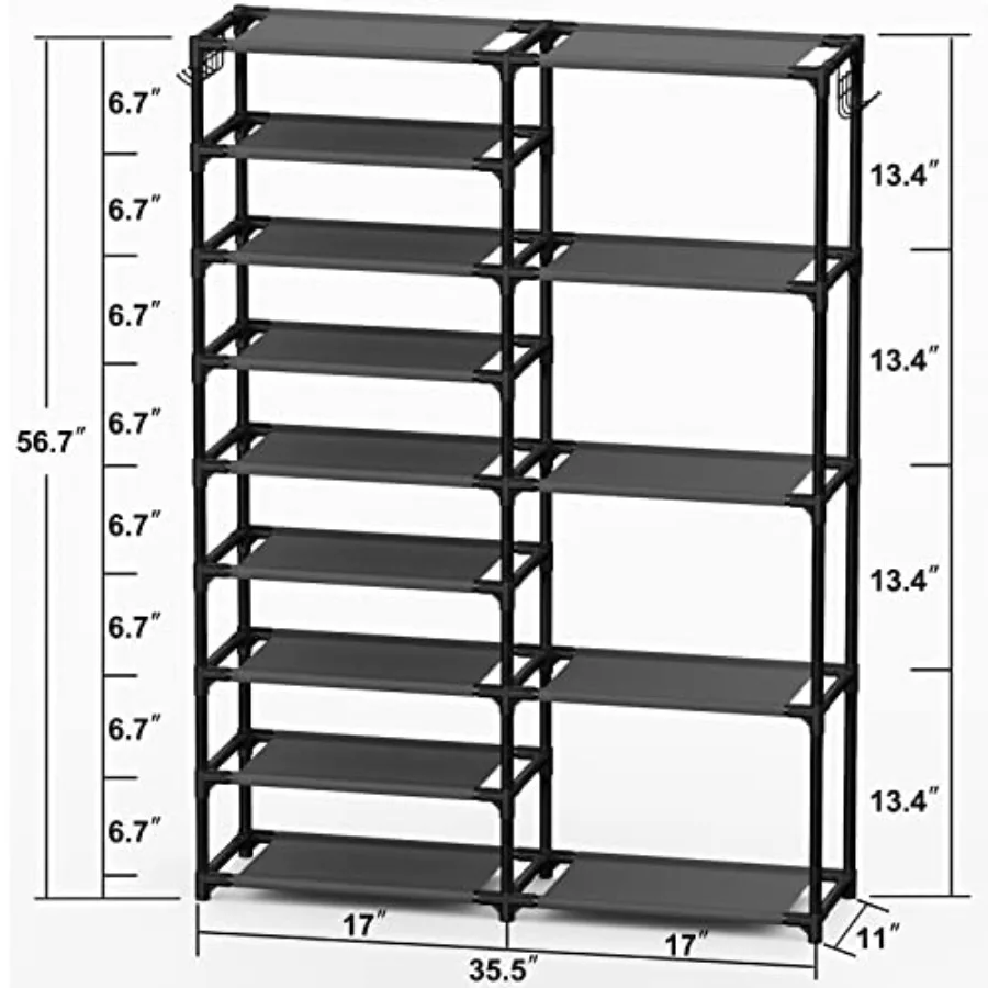 Tall Garage Shoe Rack Large CapacityTwo Rows Versatile Hooks Storage Boot Shelf Black 2435 Pairs