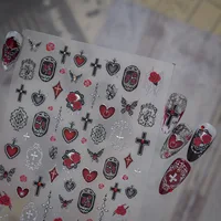 Autocollants pour ongles Gothic Rose 5D, motifs floraux rouges, croix, cœur rubis, papillon, bordure ajourée antique, strass, accessoires pour ongles audacieux 2