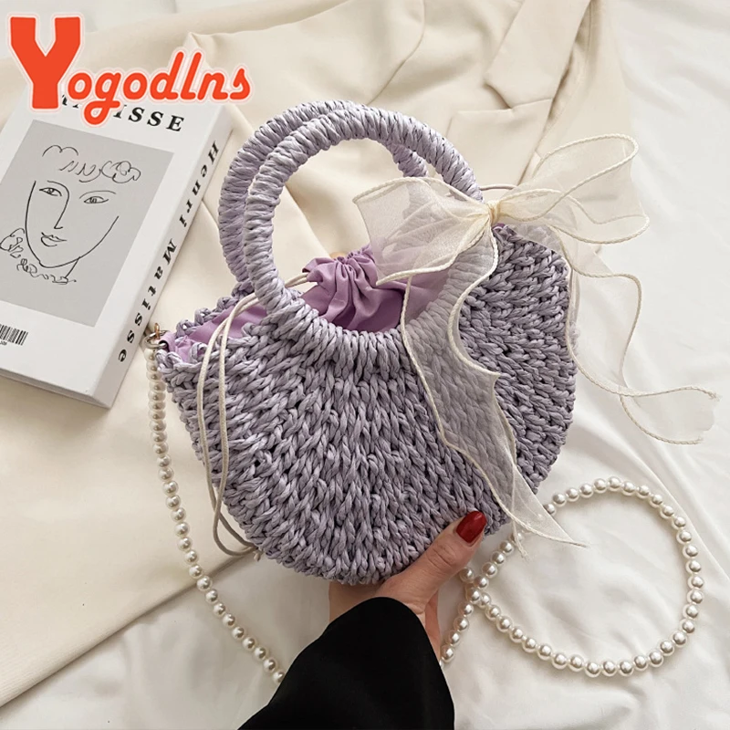 Bow Straw Bag For Women Pearl Strap Lady Beach Bag Woven Handmade Shoulder Bag Bohemia Top-handle Bag Ladies Baskets