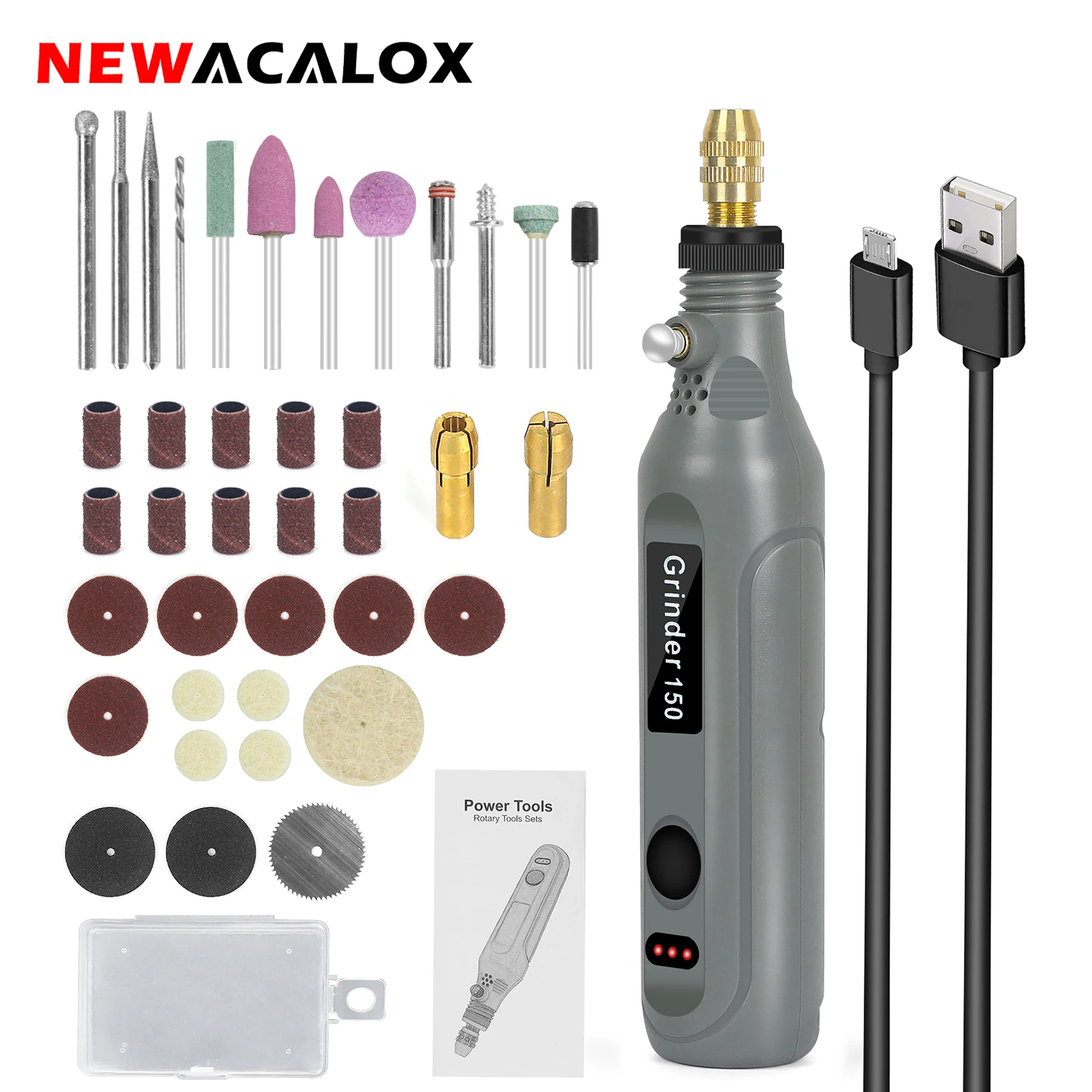 Беспроводной роторный мини-инструмент NEWACALOX, 3 скорости, USB-зарядка, 147 шт. + 38 шт., аксессуары для шлифовки, полировки, сверления