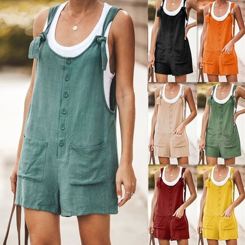 

Summer Women Loose Jumpsuit Casual Sleeveless Rompers Button Pocket Suspenders Bib Short Pants Solid Color Playsuits Overalls