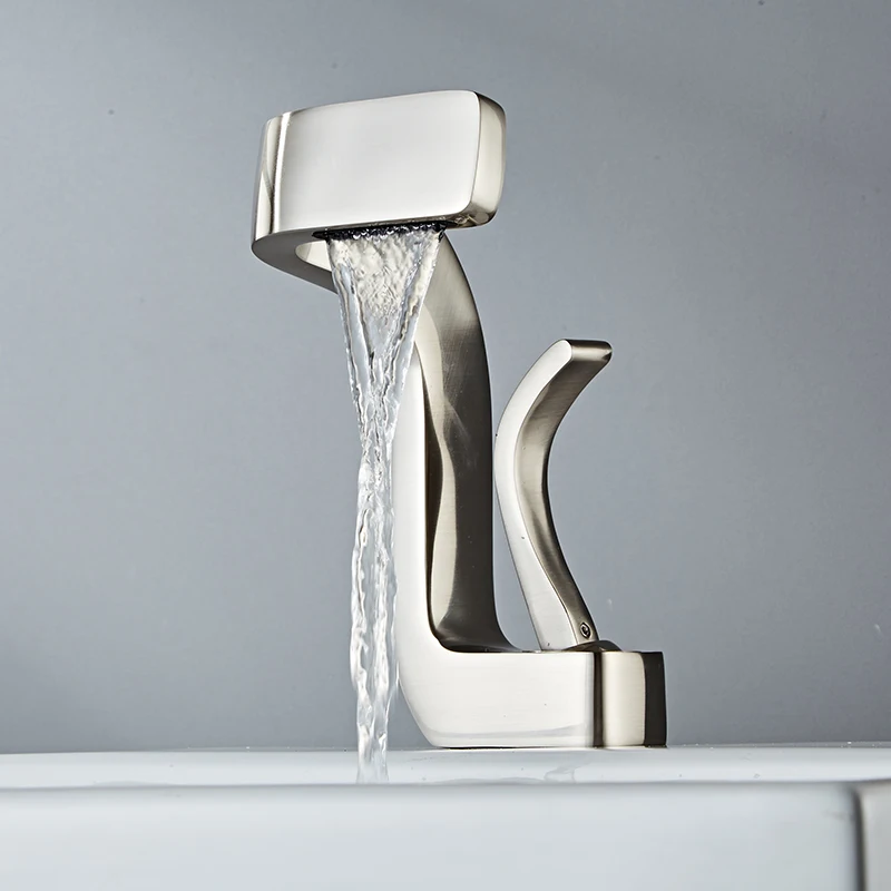 Description Picture 4 of itemBrushed Luxury Washbasin Faucet Bathroom Deck Mounted Waterfall Hot Cold Water Sink Mixer Tap Modern Creative Design Brass Crane