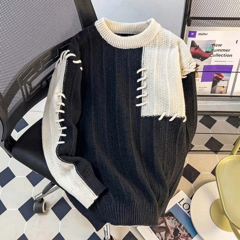 

2024 Autumn Winter Men New O-neck Warm Sweater Top Male Casual Patchwork Pullover Tops Mens Round Neck Knitted Jumpers S193