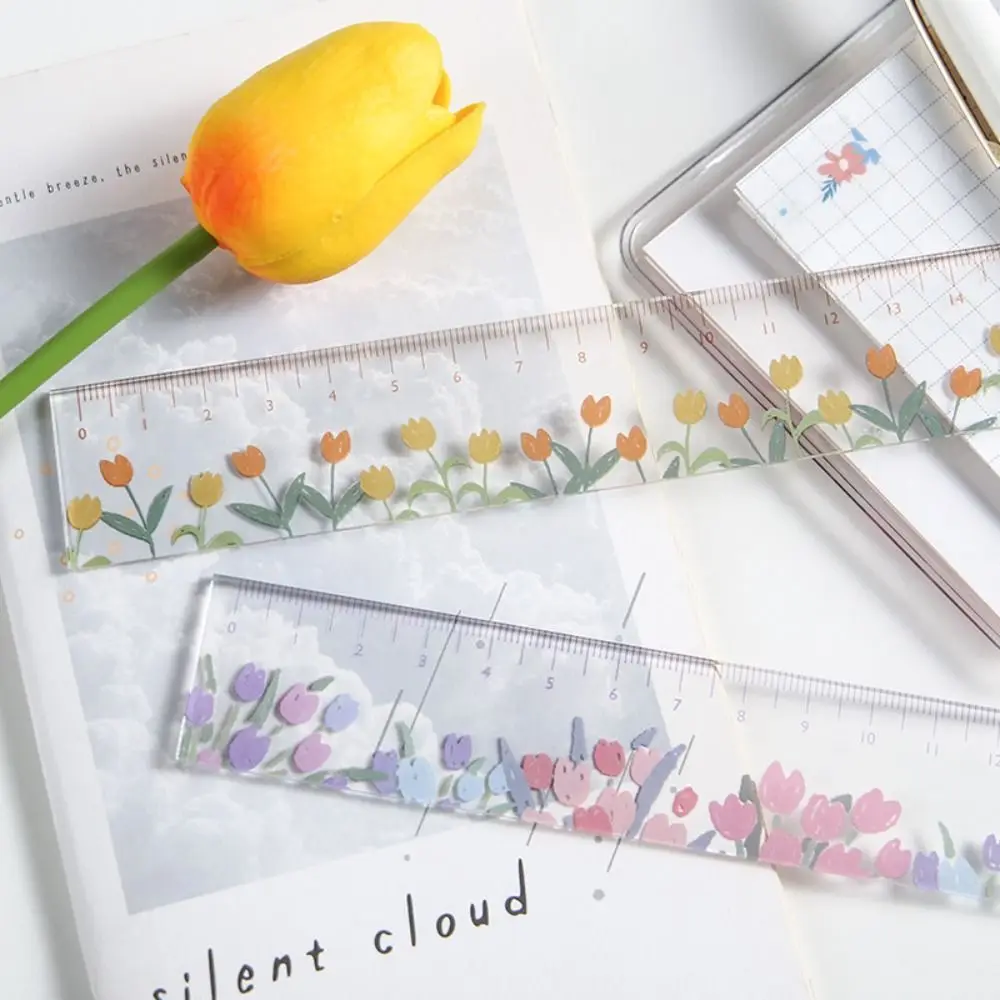15cm Straight Ruler Creative Transparent Multifunction Flower Bookmark Tulip Acrylic Drafting Ruler Student