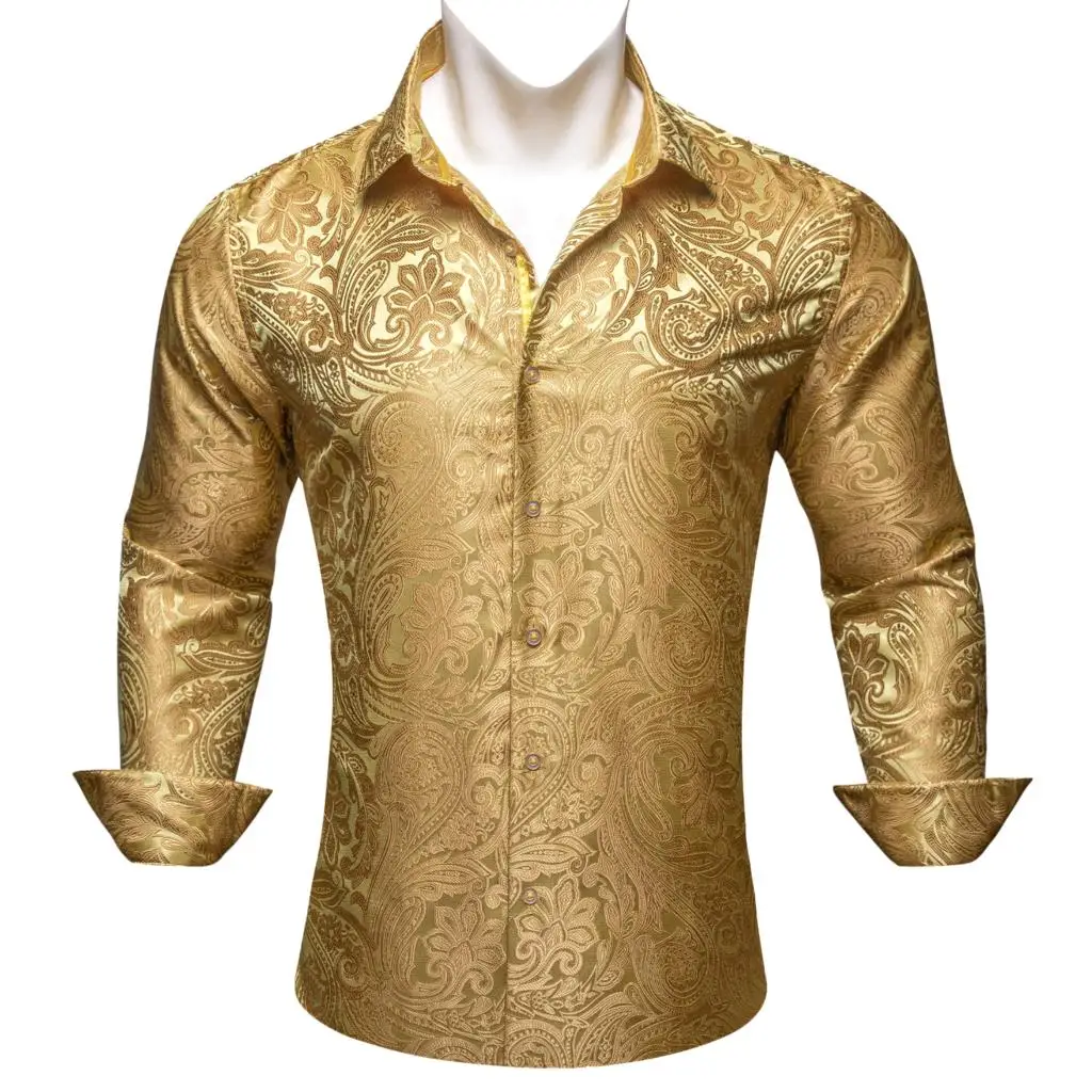 Designer Shirts for Men Gold Paisley Silk Long Sleeve Slim Fit Male Blouses Turn Down Collar Casual Tops Breathable Barry Wang