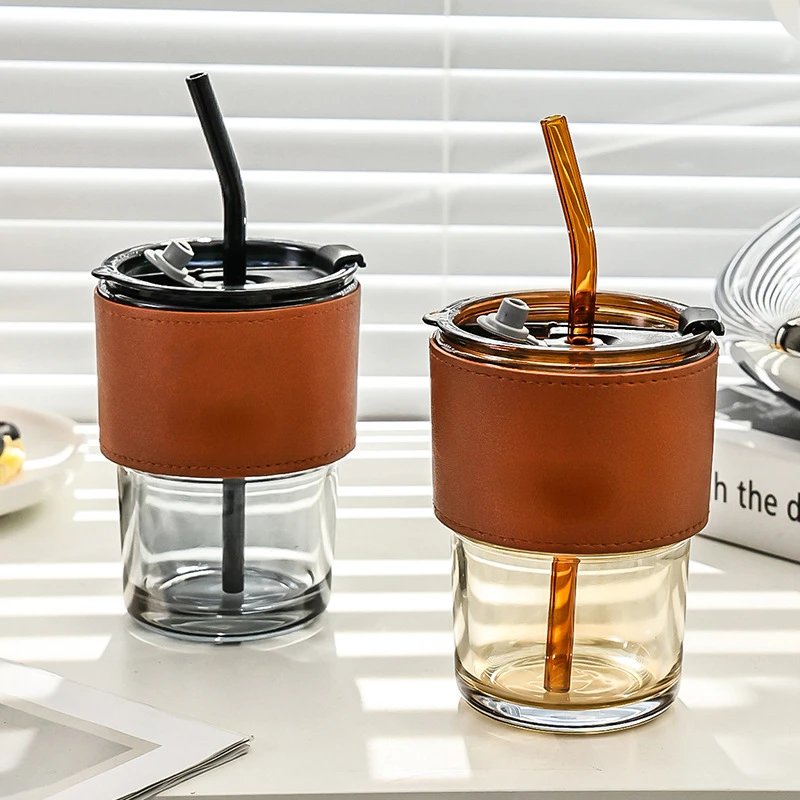 

Ins Creative Coffee Cups Drinking Milk Cup Men's and Women's Accompanying Leather Online Celebrity Portable Glass Sippy Mugs