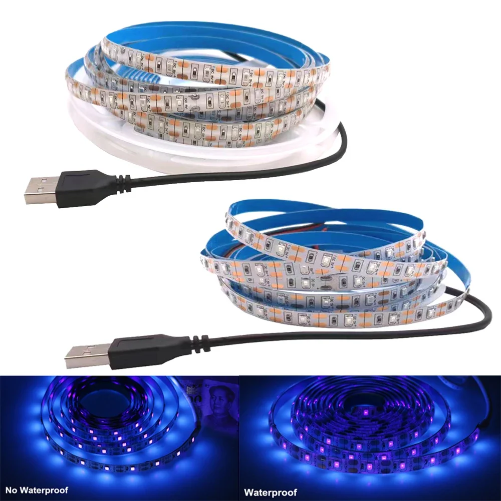 UV LED Strip Light 5V DC 2835 0.5M 1M 2M Waterproof  Purple Ribbon Ultraviolet USB Rope Tape for DJ Fluorescence