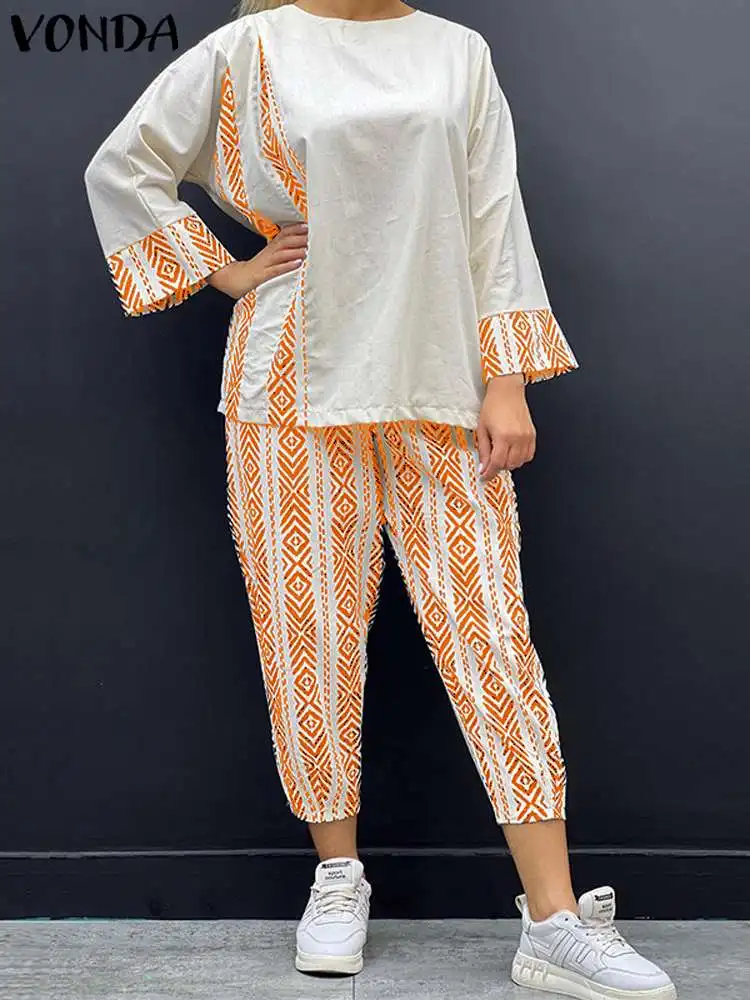 

Plus Size 5XL VONDA Vintage Pant Sets 2023 Fashion Women 2pcs Casual Loose Printed Bohemian Pant Suits 3/4 Sleeve Tops Suits