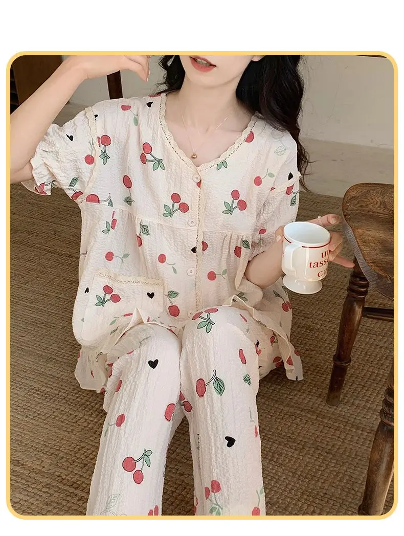 Yasuk Primăvară Toamnă Vară Femei Casual Moale Sleepwear Pamas Set cu Pantaloni Lungi Scurti Dulce Imprimeu Dantelă Căpșuni_voghion.com