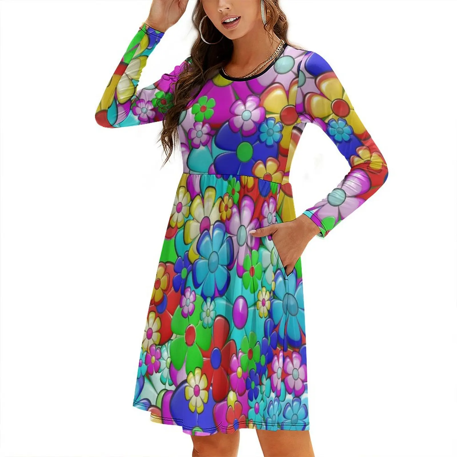 

retro flower summer dress Round Neck Baggy Dress Women's skirt cocktail dresses