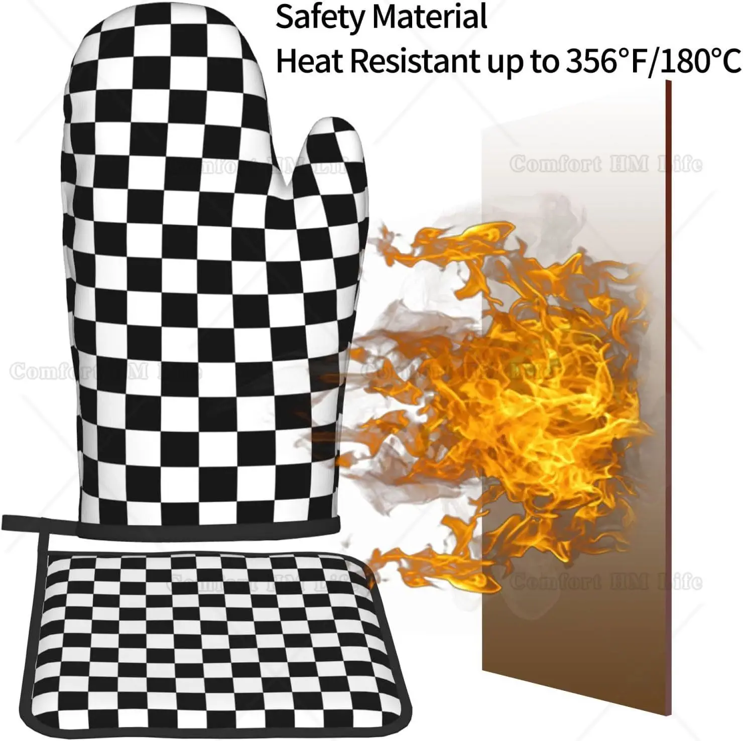 Oven Mitt and Pot Holders 2 Piece Set Black and White Checkered Racing Waterproof BBQ Gloves for Kitchen Cooking Baking