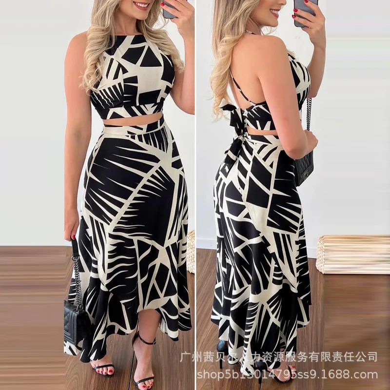 

2023 Spring Summer Women's Geometric Printed Vest Ruffled Skirt Suit Sleeveless Camis Tanks Tops High Waist Skirt Sexy