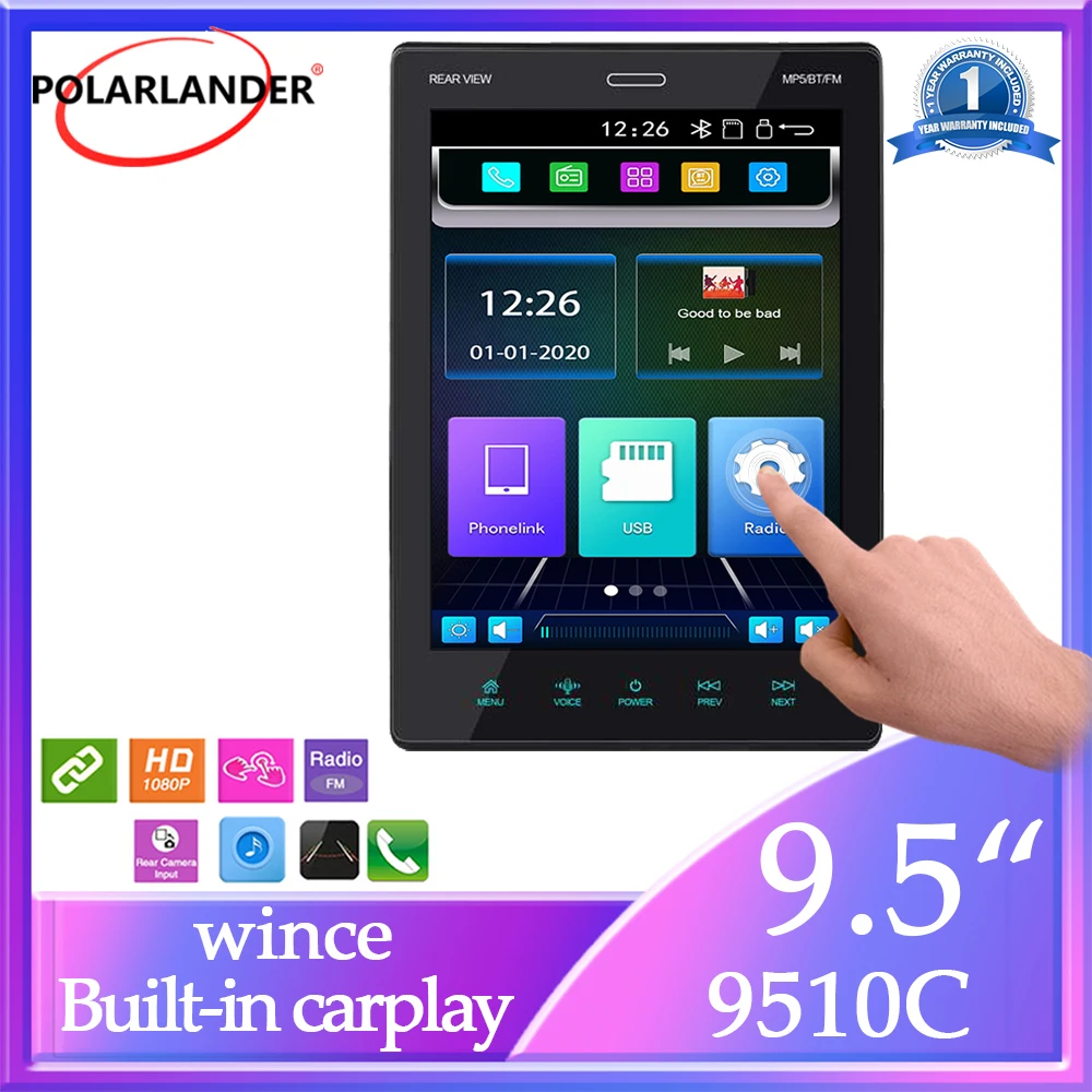 

1DIN ​Car Multimedia Player 9.5" Autoradio Wince IPS Screen Apple Carplay, Android Auto Angle Adjustment Mirror Link Bluetooth