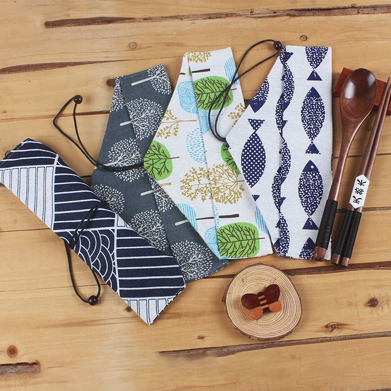 Portable Tableware Bag Japanese Printing Reusable Drink Straw Chopstick Cutlery Pouch Drawstring Bag Cutlery For Spoon Fork Tableware Storage Bag