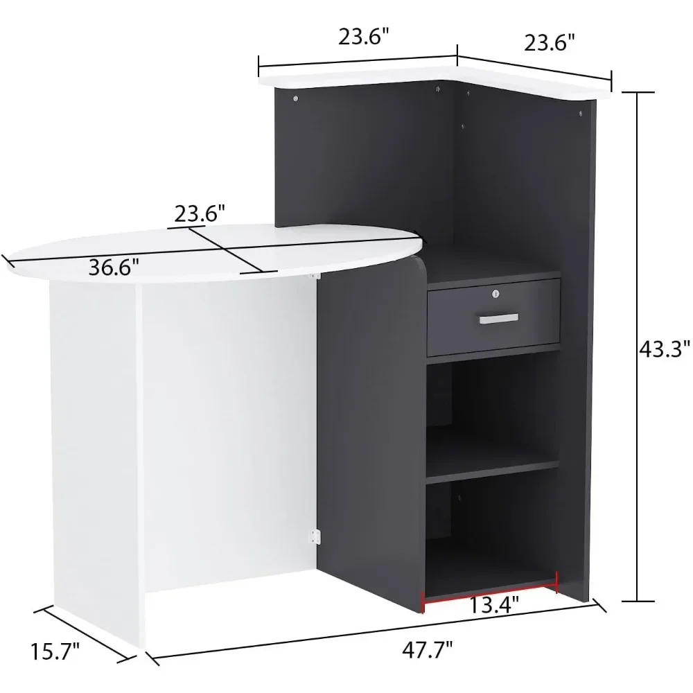 Reception Desk Front Counter Desk with Lockable Drawer & Open Shelves, Front Reception Counter with Elliptical Deskt