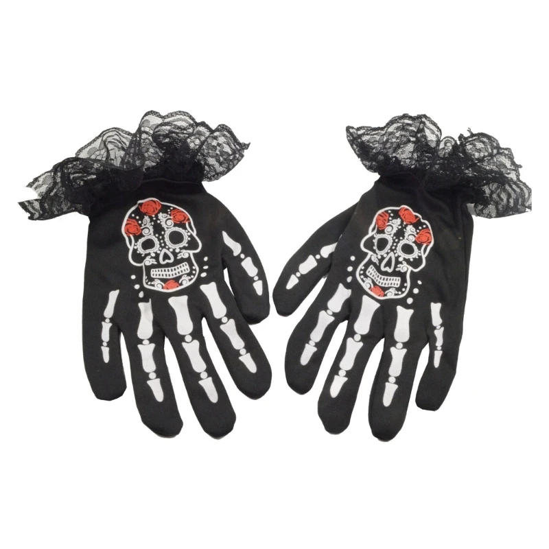 

Halloween Skeleton Bone Pattern Gloves Women Gothic Spooky Costume Gloves Girls Full Finger Lace Mittens for Party Event Props