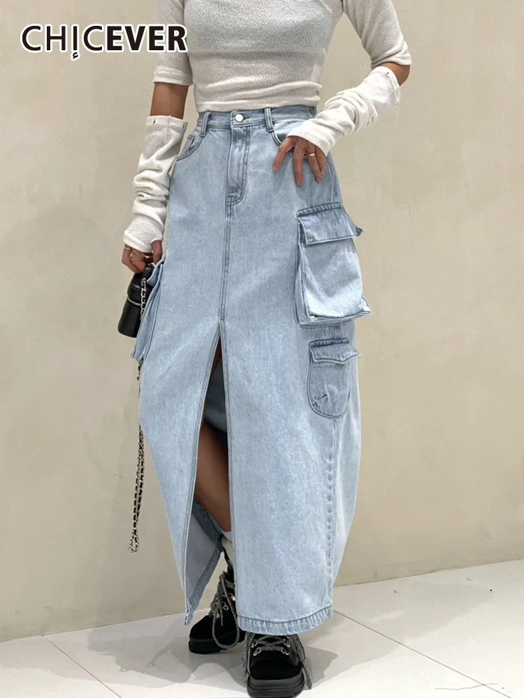 

CHICEVER Vintage Solid Split Skirts For Women High Waist Patchwork Pockets Straight Denim Skirt Female Summer Fashion Clothing