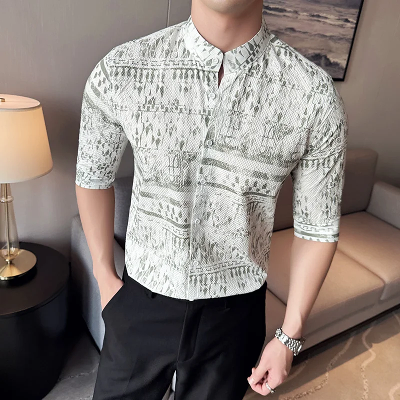 고급 중국 스타일 5 포인트 소매 캐주얼 패션 남성 셔츠, 야외 트렌드 슬림 남..