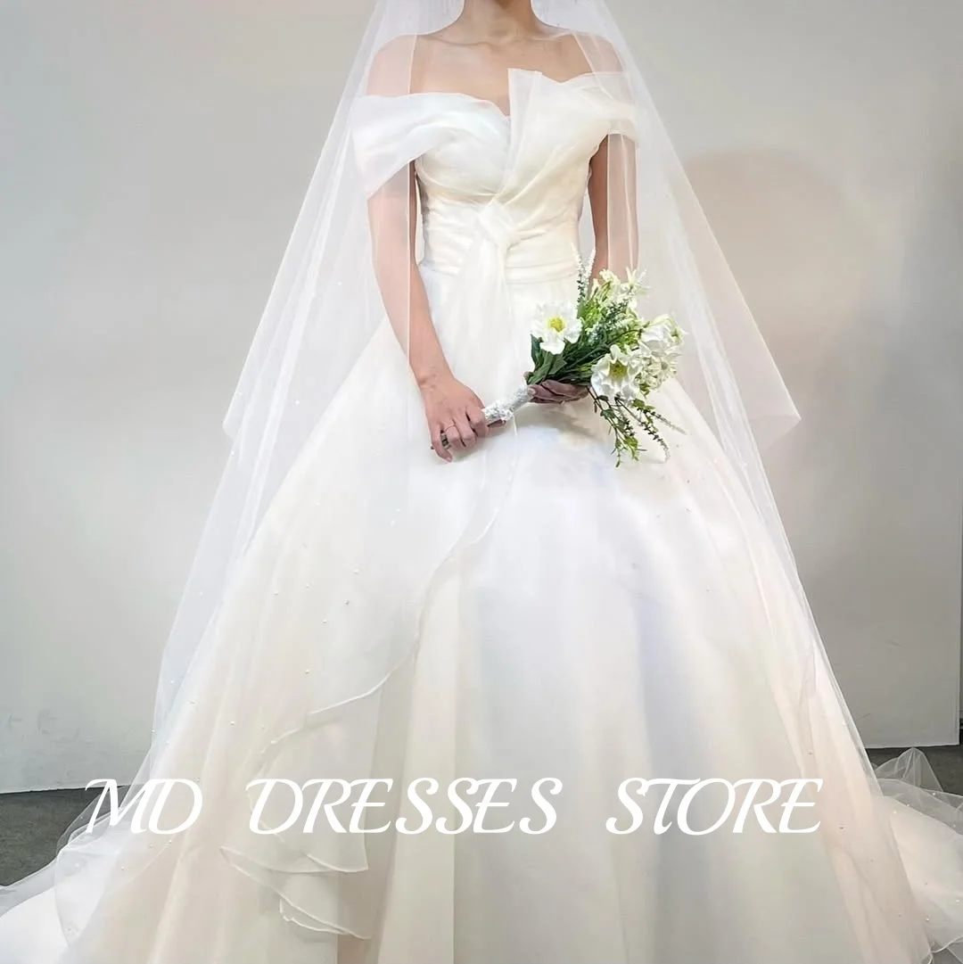 MD Elegant A-line Wedding Dresses Off Shoulder Korea Photoshoot Pleat Floor-Length Bridal Gown Corset Back Customized 웨딩드레스 2025 2