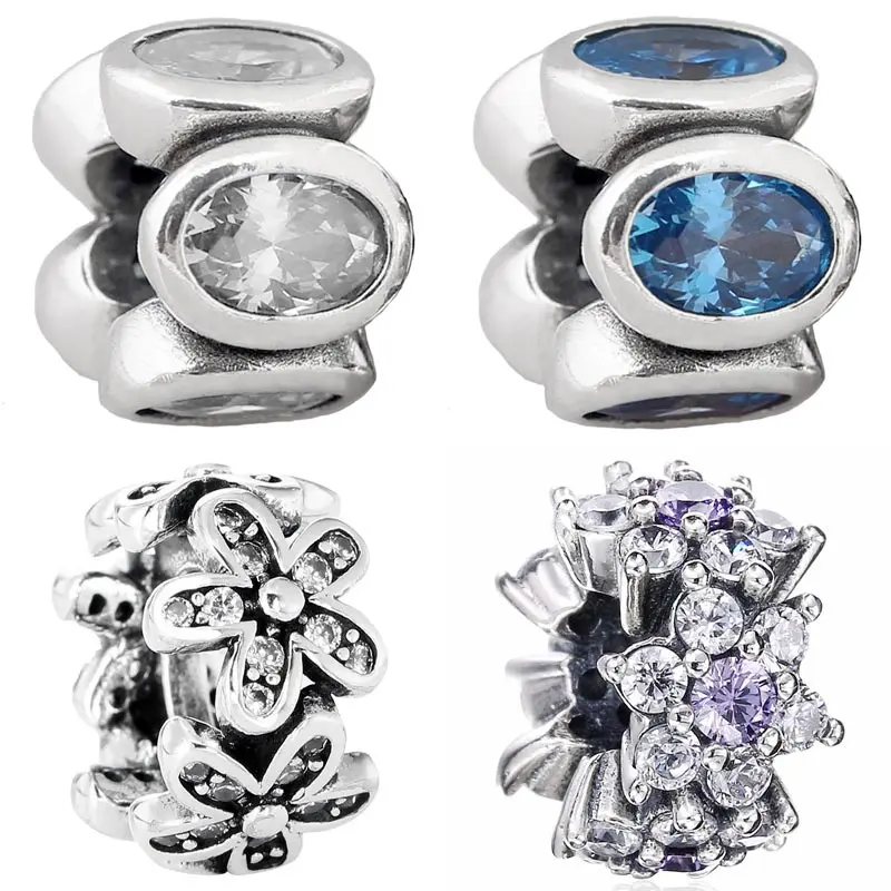 

Dazzling Daisies Blue Clear Oval Lights Forget-me-not Flower Spacer Bead 925 Sterling Silver Charm Fit Fashion Bracelet Jewelry